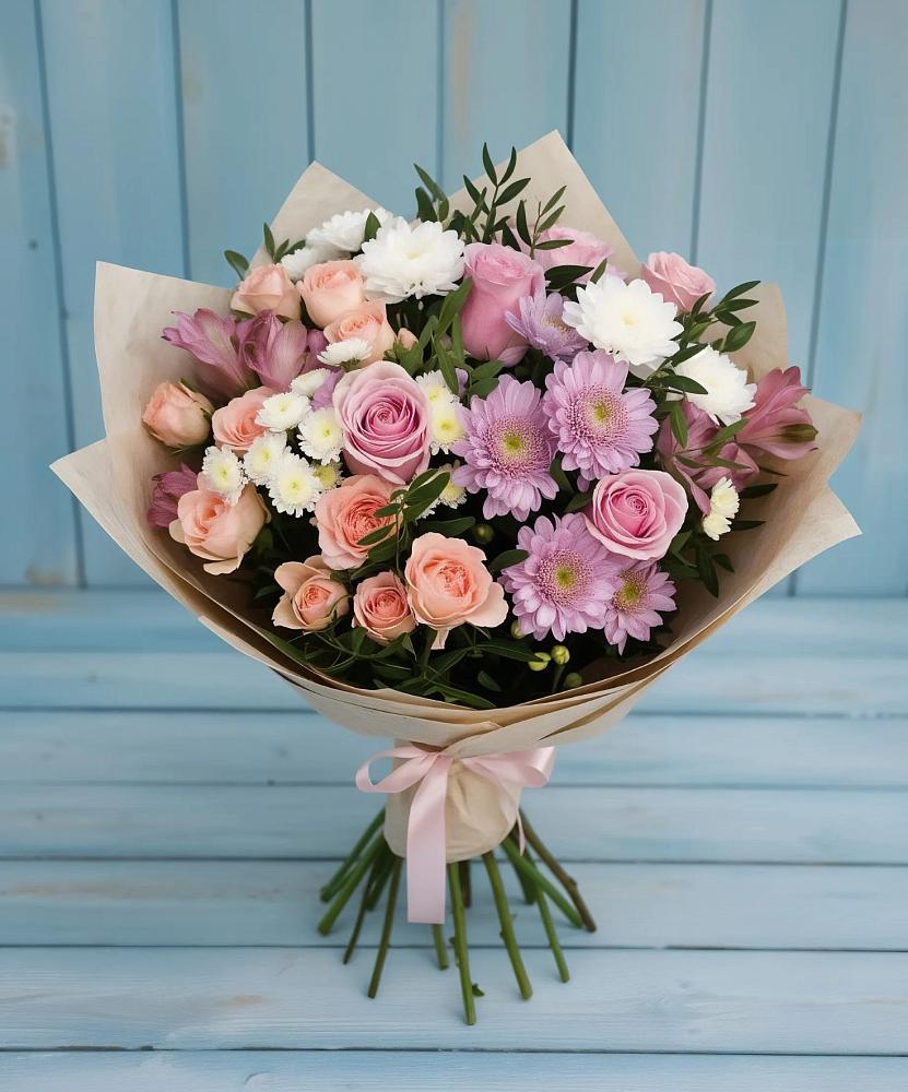 Букет цветов из: Хризантемы, Розы и Альстромерии в Железнодорожный Московская область