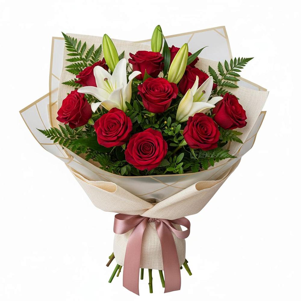 Букет цветов из: Лилии и Розы в Железнодорожный Московская область