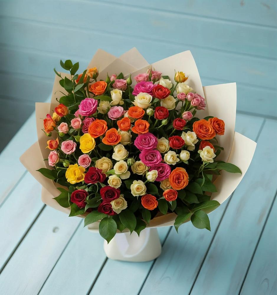 Букет Микс из разноцветных кустовых роз в Железнодорожный Московская область