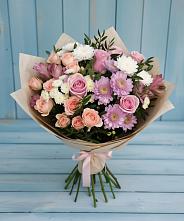 Букет цветов из:  Хризантемы, Розы и Альстромерии в Железнодорожный Московская область