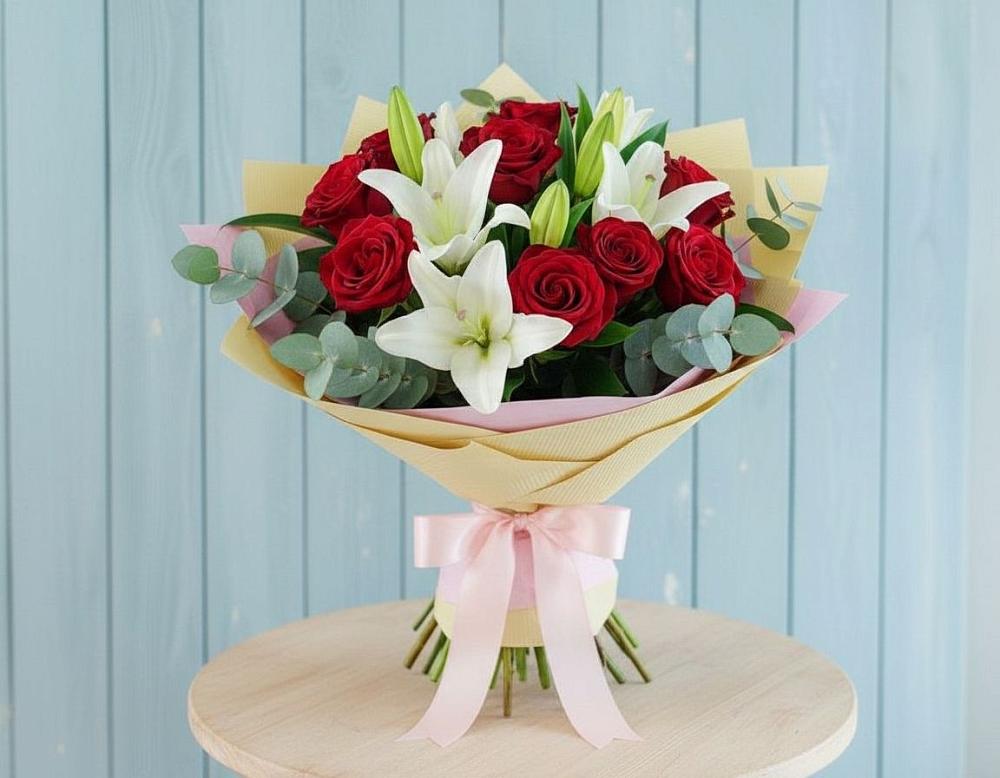 Букет цветов из: Лилии и Розы в Железнодорожный Московская область