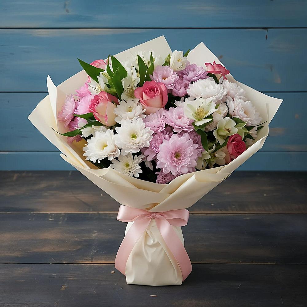 Букет цветов из: Хризантемы, Альстромерии и Розы в Железнодорожный Московская область